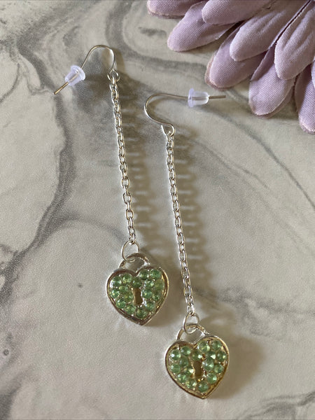 Heart Locket Green Charm Shiny Silver Plate Long Chain Dangle Earrings Pierced