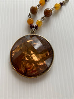 Copper Disc Pendant Brown & Amber Bead Boho  Short Necklace with Extension