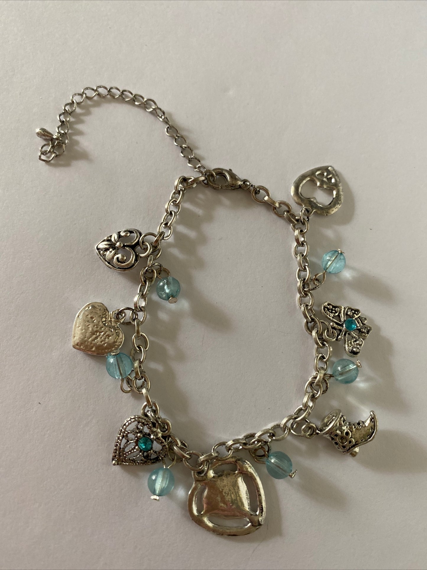Antique Look Silver Plate & Blue Bead Charm Bracelet adjustable