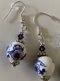 Blue & Plum Ceramic Blossom & Crystal Earrings Pierced or Clip-On