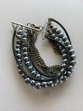 Multi Strand Grey Pearl, Antique Silver Chain & Black Cord Bracelet