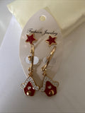 Christmas Earrings Twin Set Red Star & House  Pierced Gold Plate  Festive