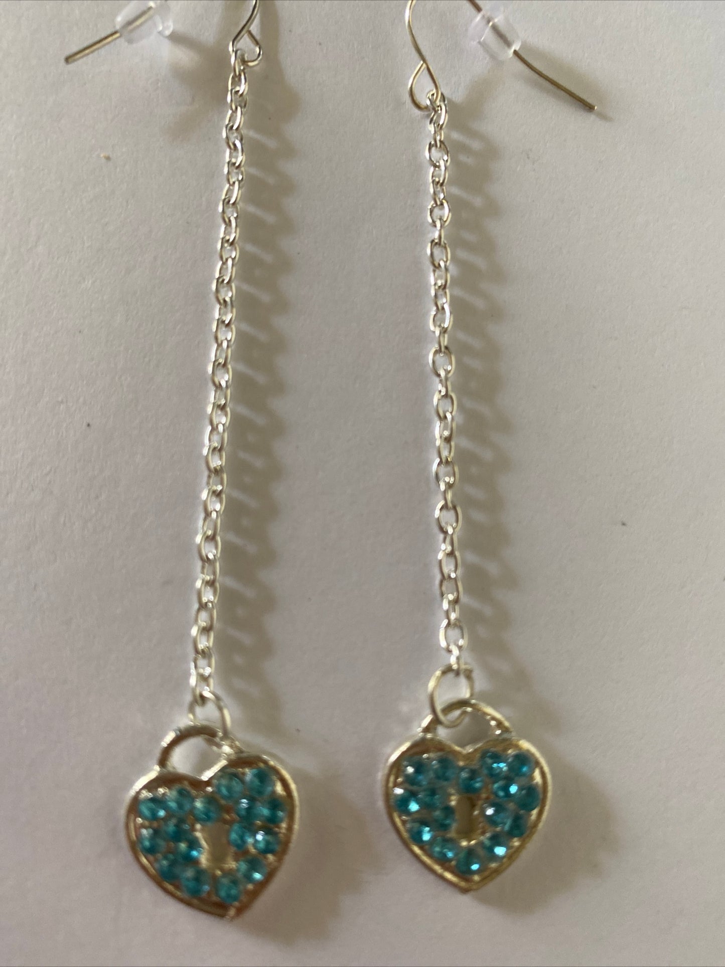 Heart Locket Blue Charm Shiny Silver Plate Long Chain Dangle Earrings Pierced