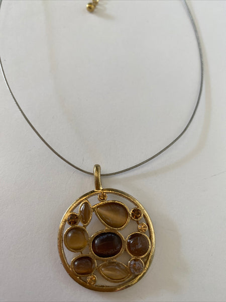 Silver Tone Short Thin Necklace with Round Pendant Brown Amber Statement Piece