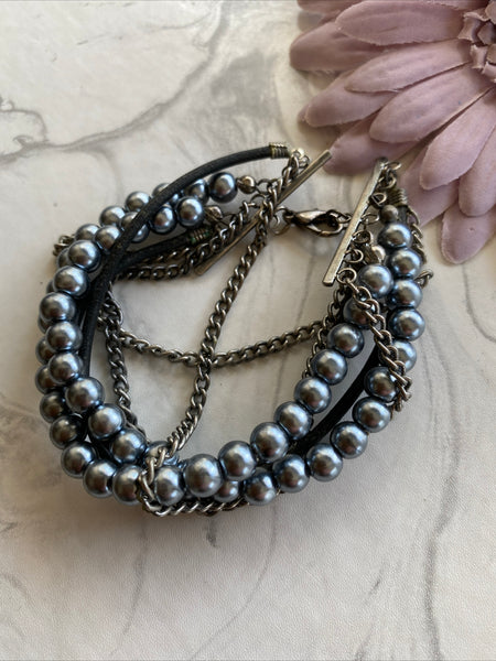 Multi Strand Grey Pearl, Antique Silver Chain & Black Cord Bracelet