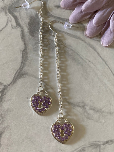 Heart Locket Purple Charm Shiny Silver Plate  Long Chain  Dangle Earrings Pierced