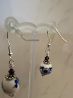 Blue & Plum Ceramic Blossom & Crystal Earrings Pierced or Clip-On