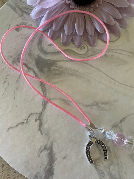 Beaded  Silk Cord BookMark Book Thong Horseshoe Charm Pink & Crystal Beads Gift