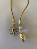 Beaded Silk Cord BookMark Book Thong Flower Charm Gold White Clear Bead Gift