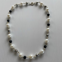 White & Black with Silver Plated Beaded Link Short Necklace
