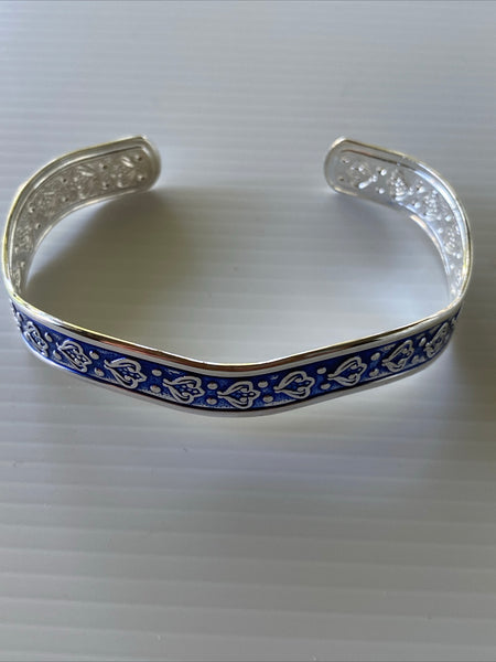 Silver Plate Filigree Detail open Cuff  Wave Bangle Dark Blue Face Back Gift Birthday