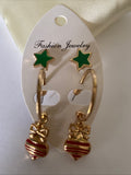 Christmas green Star Studs & Bauble Op0en Ended Hoop Twin Set Earrings Pierced Gold Plate Festive