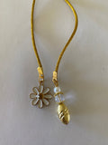 Beaded Silk Cord BookMark Book Thong Flower Charm Gold White Clear Bead Gift
