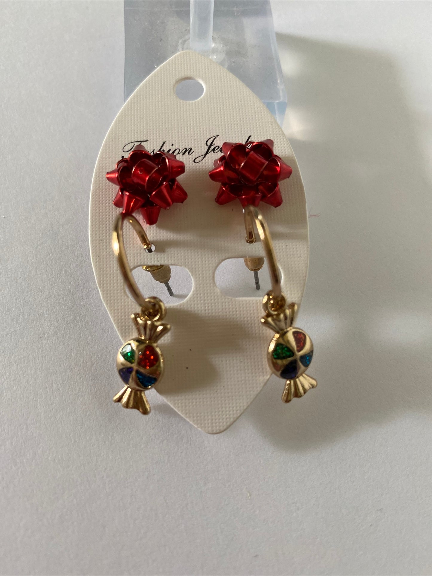 Christmas Bon Bon Twin Set Earrings Pierced Gold Plate Festive Red Bow Stud Bonbon Hoop