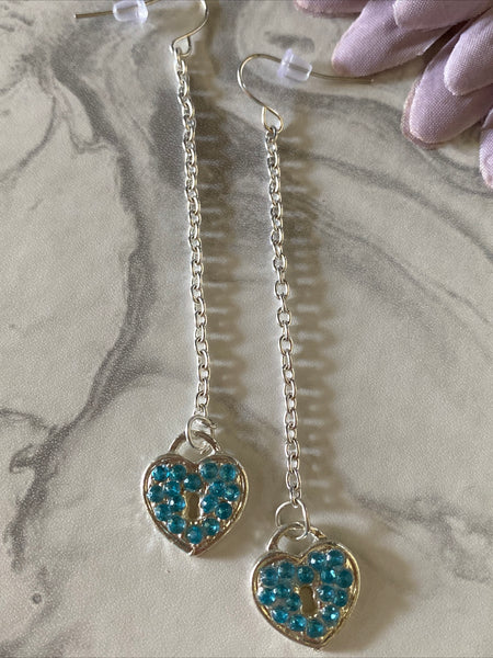 Heart Locket Blue Charm Shiny Silver Plate  Long Chain  Dangle Earrings Pierced