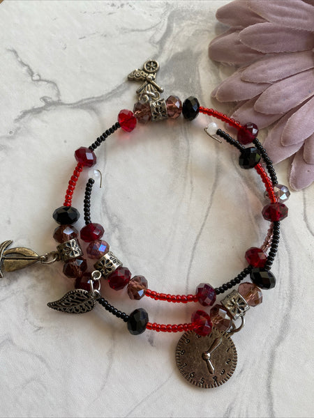 Memory Wire Slide on Beaded & Charm Bracelet no clasp Red Black Silver tones