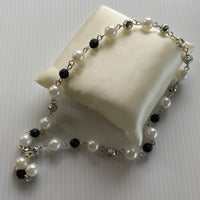 White & Black with Silver Plated Beaded Link Short Necklace