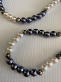 Glass Pearl Long  Necklace two tone  White & Purple  with  Spring Clasp