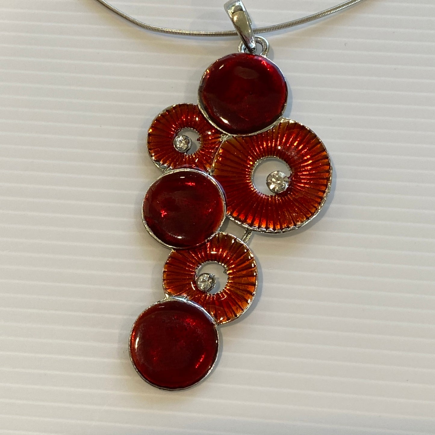 Retro Style Round Red Pendant with Diamantes on Silver Plate Necklace