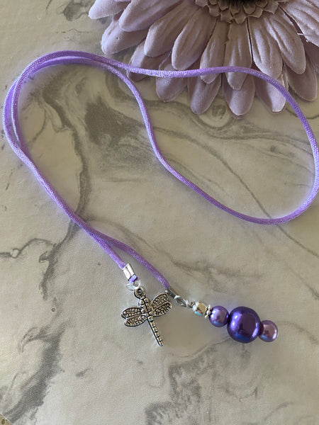 Beaded  Silk Cord BookMark Book Thong Dragonfly Charm Purple Glass Pearls gift