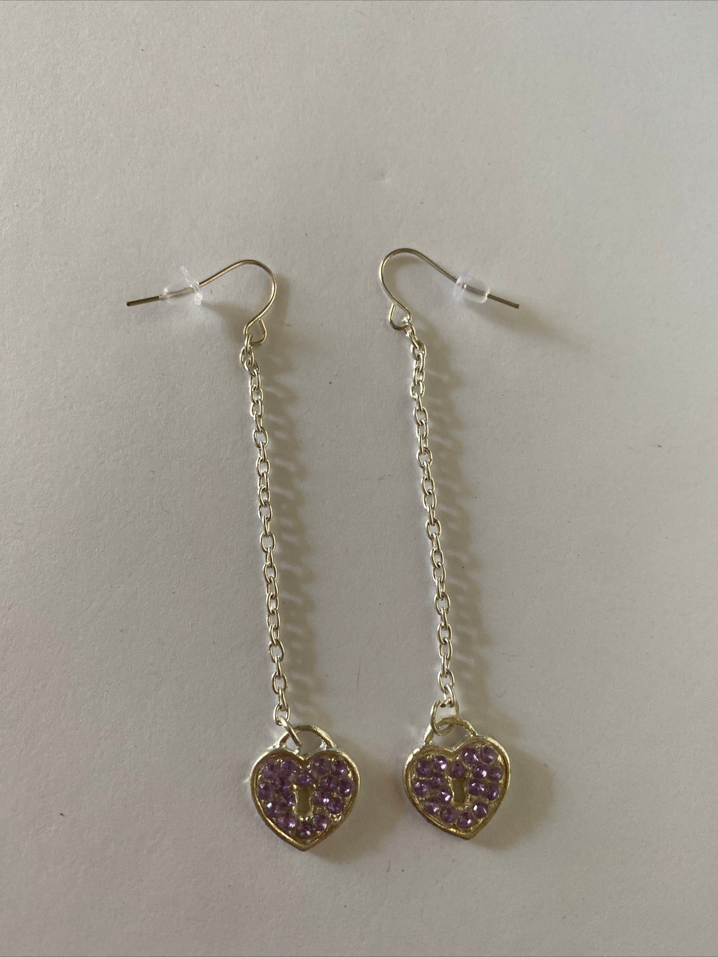 Heart Locket Purple Charm Shiny Silver Plate Long Chain Dangle Earrings Pierced