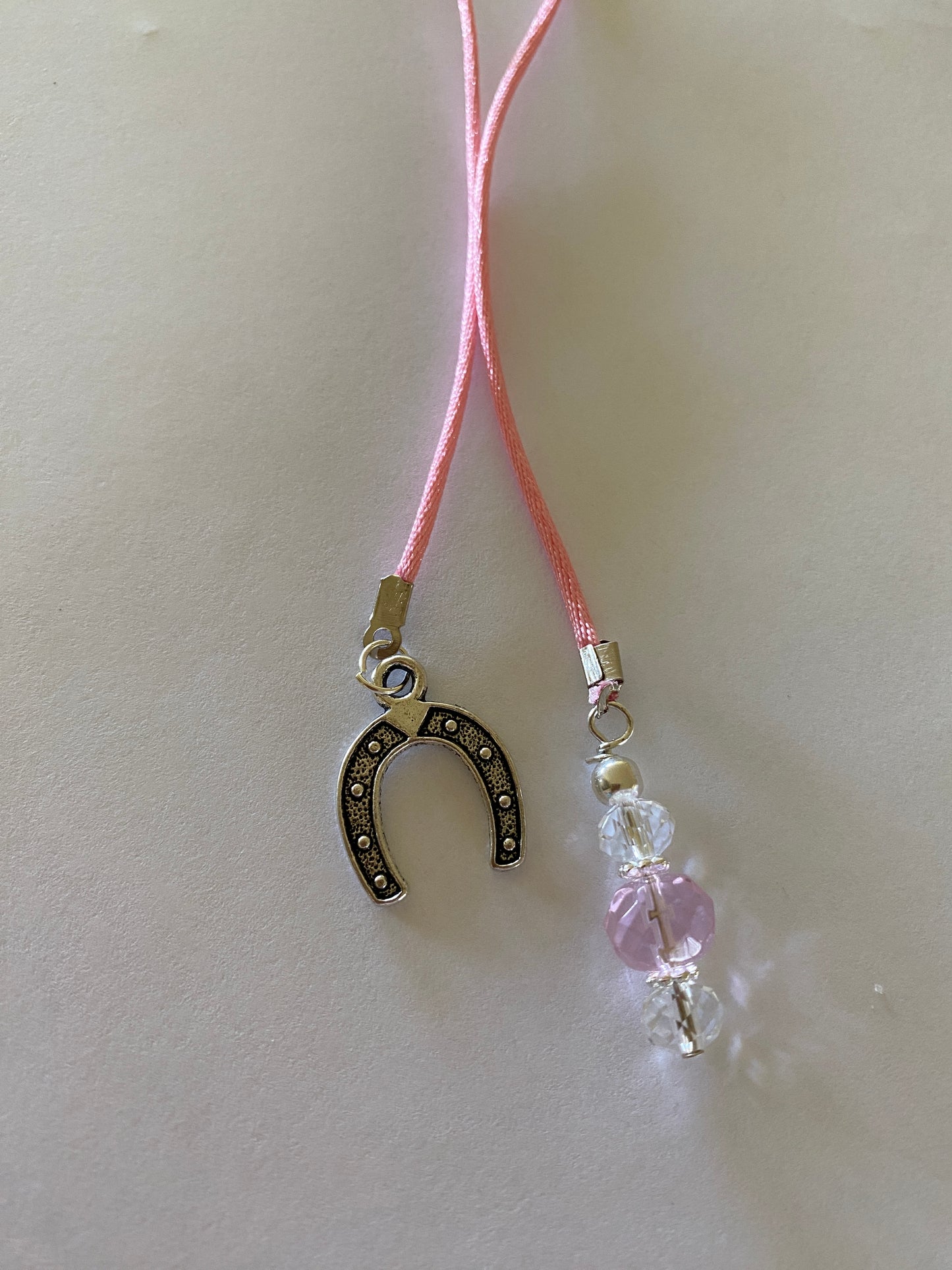 Beaded Silk Cord BookMark Book Thong Horseshoe Charm Pink & Crystal Beads Gift
