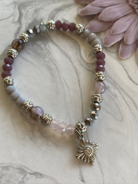Purple, Lilac and Silver Beaded Stretch Bracelet Star Charm