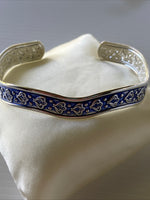 Silver Plate Filigree Detail open Cuff  Wave Bangle Dark Blue Face Back Gift Birthday