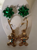 Christmas Twin Set Green Bow GingerbreadManEarrings Pierced Gold Plate  Festive