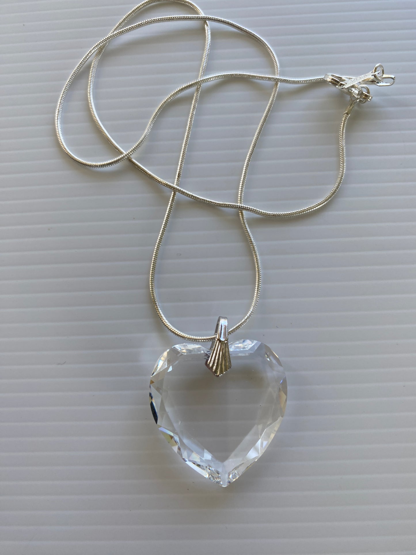 Crystal Clear Heart Pendant on Silver Plate Snake Chain Necklace