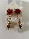 Christmas Bon Bon Twin Set Earrings Pierced Gold Plate Festive Red Bow Stud  Bonbon Hoop