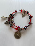 Memory Wire Slide on Beaded & Charm Bracelet no clasp Red Black Silver tones