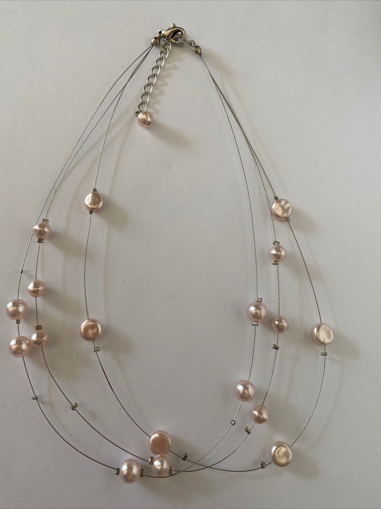 Floating Glass Pearl Pale Pink Triple Strand Necklace Adjustable Length Gift