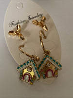 Christmas Twin Set Holly Studs House Hoop Earrings Pierced Gold Plate  Festive