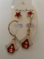 Christmas Earrings Twin Set Red Star & House  Pierced Gold Plate  Festive
