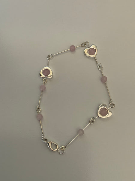 Silver Plate Heart Pink Stone Bracelet Delicate