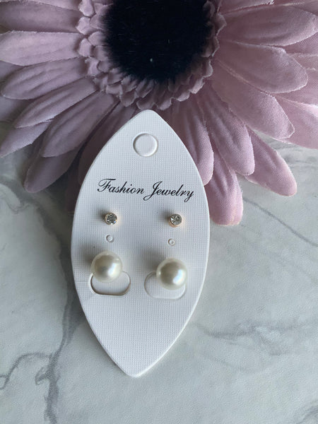 Twin Set White Pearl and Small Rhinestone Stud Earrings Duo Set Pierced