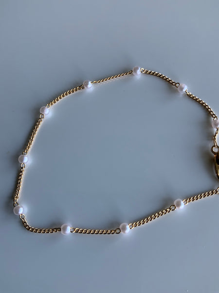 Gold Plate Fine Link & Small White Pearl Chain Bracelet Lightweight