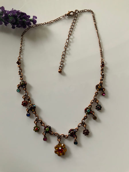 Vintage-Look Copper colour chain with Multi-Coloured Stones Necklace Adjustable