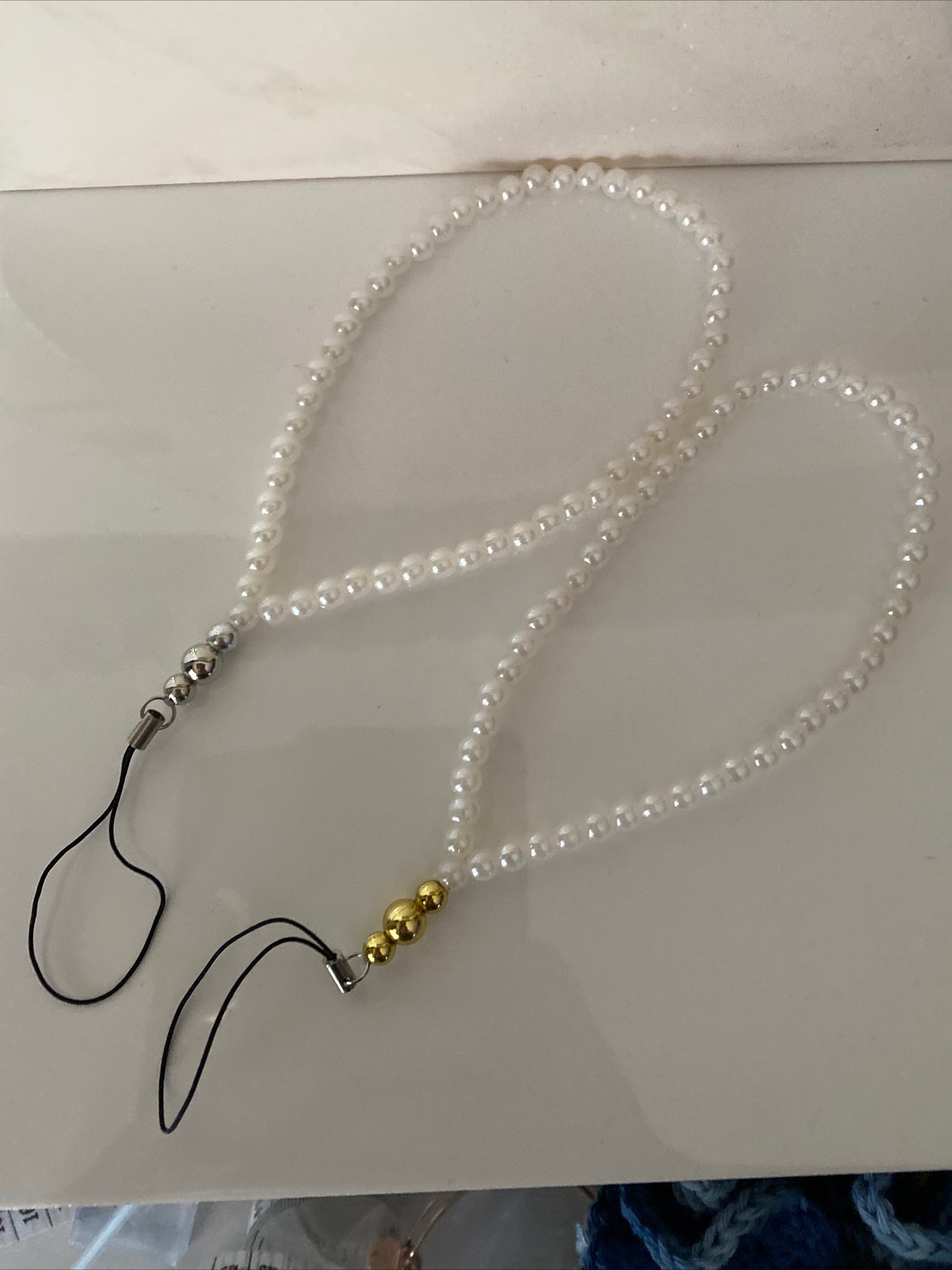 Mobile Phone Beaded Wrist Strap White Pearl Wrist Wrap Lightweight Gold/Silver
