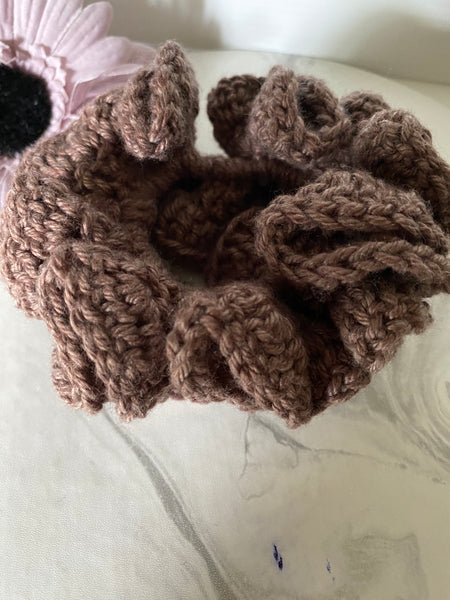 Hair Scrunchie Crochet Handmade Elastised Full Ruffled Brown