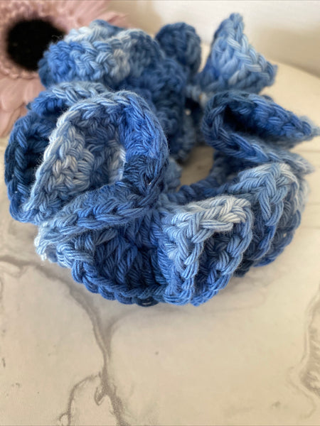 Hair Scrunchie Crochet Handmade Elastised Full Ruffled Blue tones