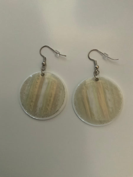 White Disc Opaque Earrings Dangles PiercedSparkly Pale Green Gold Highlights