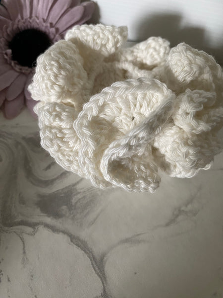 Hair Scrunchie Crochet Handmade Elastised Full Ruffled Off White