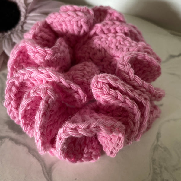 Hair Scrunchie Crochet Handmade Elastised Full Ruffled Rose Pink