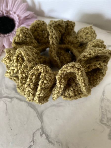Hair Scrunchie Crochet Handmade Elastised Full Ruffled Avocado or Olive Green