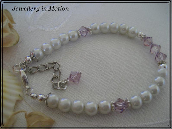 Glass Pearl and Birthstone Swarovski Crystal Bracelet. ~ February~ Amethyst~