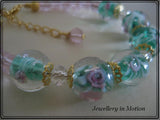 Green Lampwork Glass Bead Bracelet with matching  Earrings Gold tone