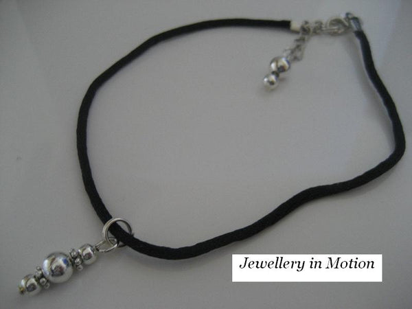 Silk Cord Anklet Black & Silver Spacer Beads