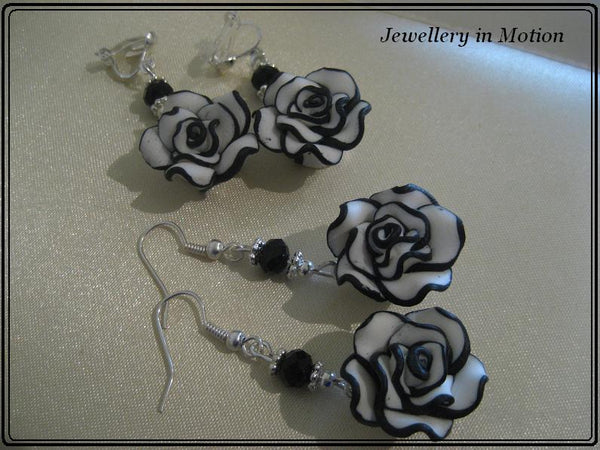 Black & White Rose Dangle Earrings ~ available in Pierced or Clip on your choice